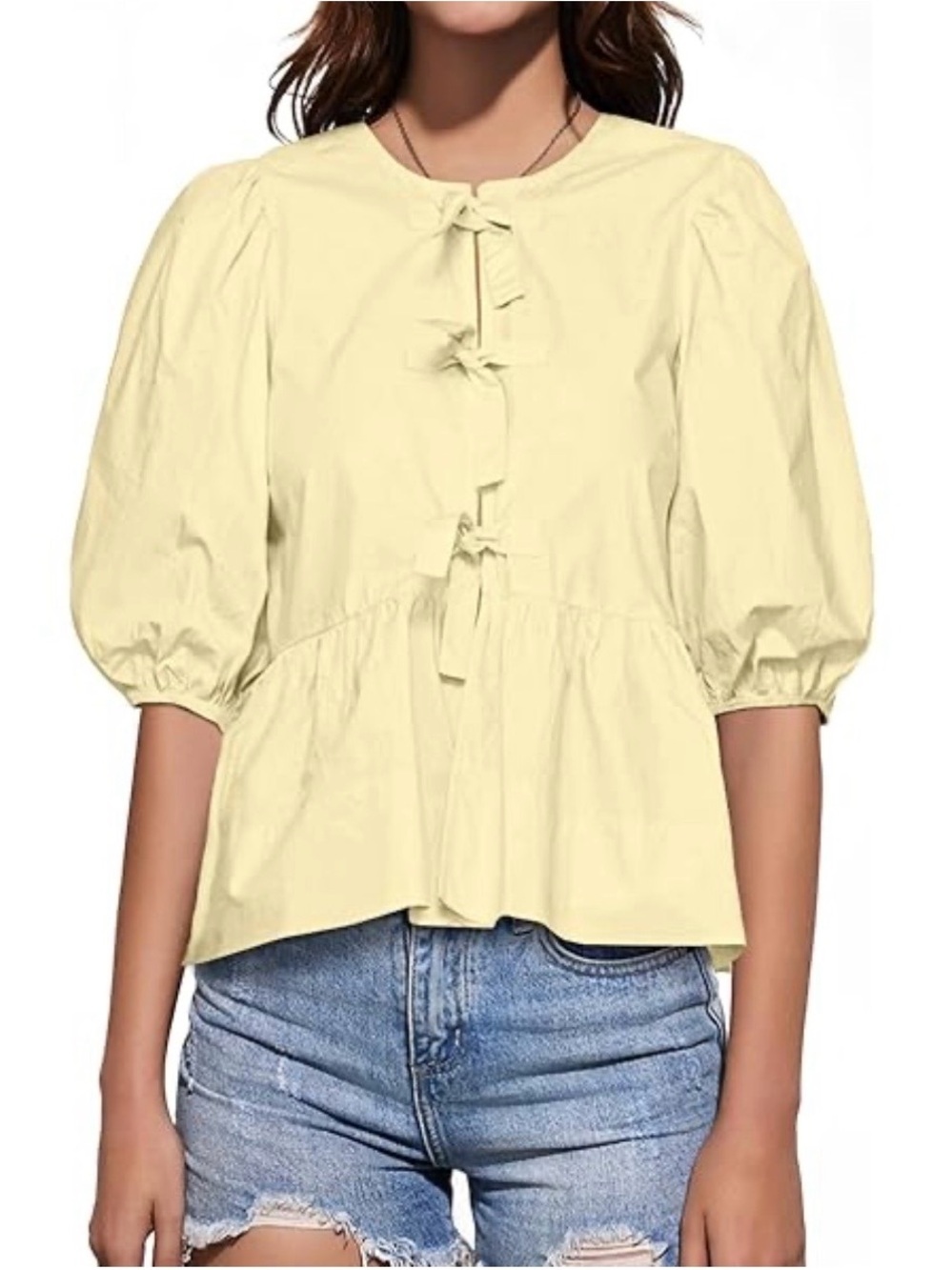 Oddi Butter Yellow Tie Front Peplum Top Puff Short Sleeves Small Summer Resort